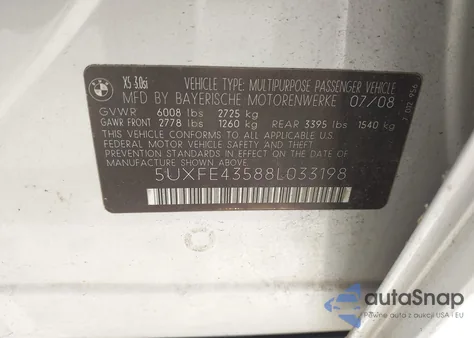 2008 BMW X5 3.0Si from USA, damaged, VIN 5UXFE43588L033198